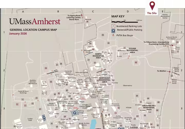 Northern UMass Amherst campus map with The Silo marked in the upper-right corner beside agricultural land.
