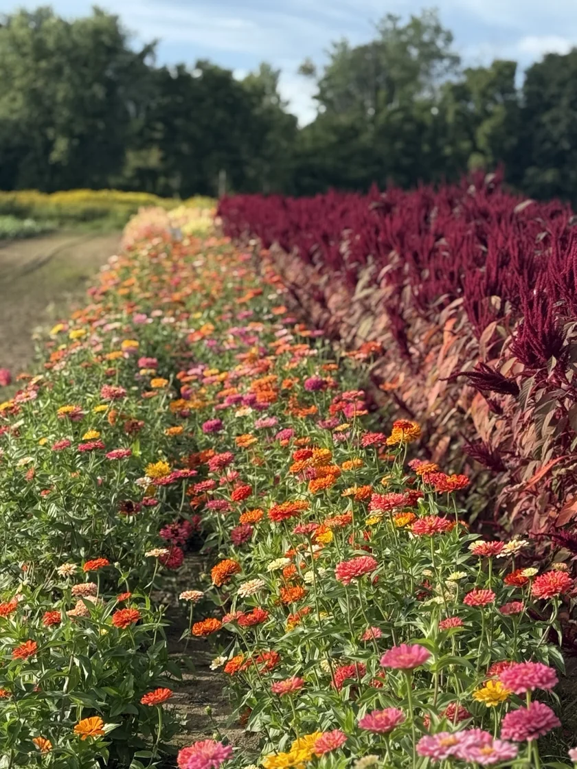 Colorful flower rows beside deep red foliage in the farmland near The Silo.