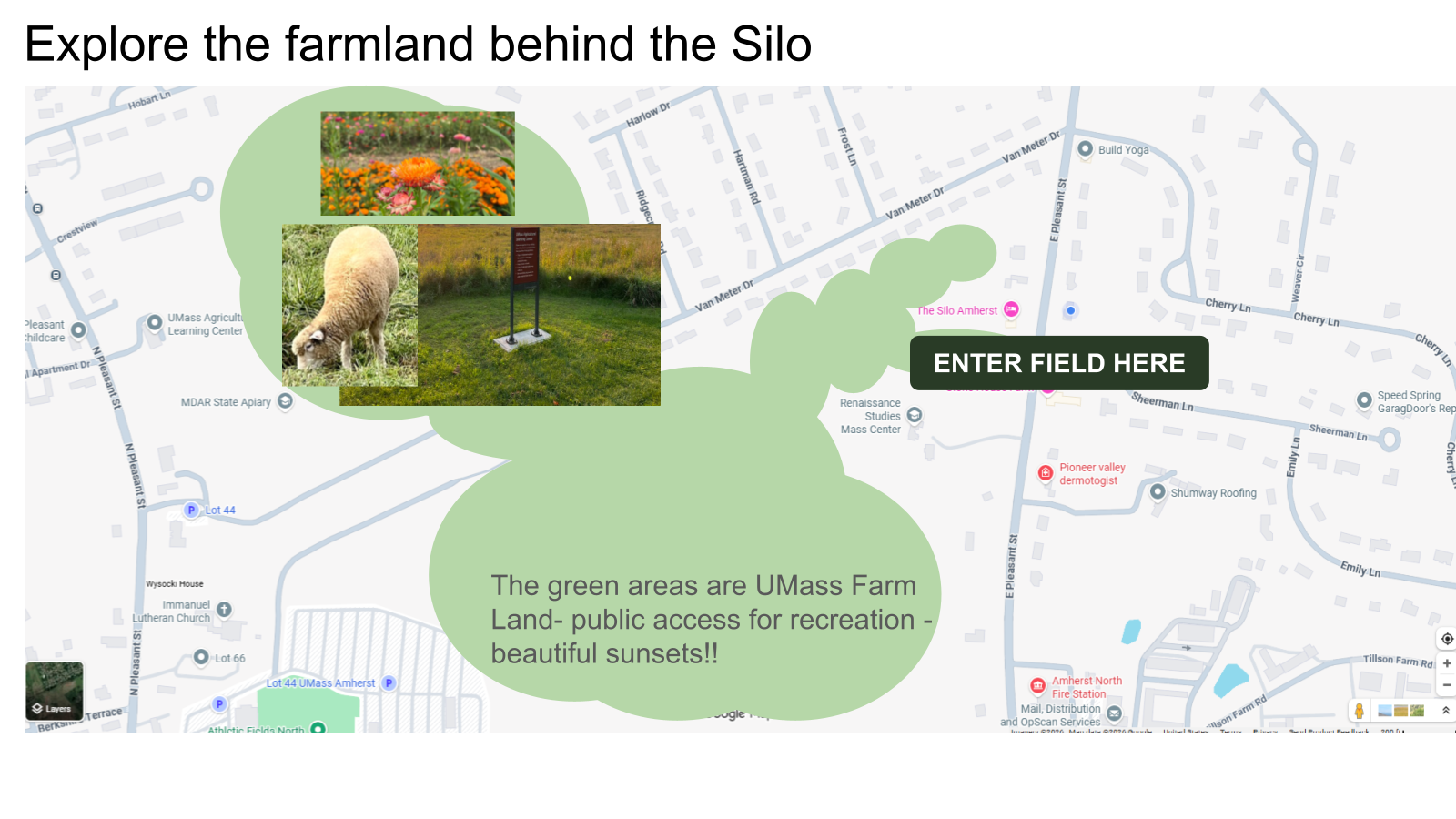 Host map marking The Silo and the field entrance beside the UMass farmland.