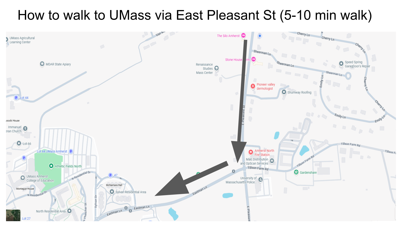 Host map showing the route south on East Pleasant Street and right onto Eastman Lane toward UMass.